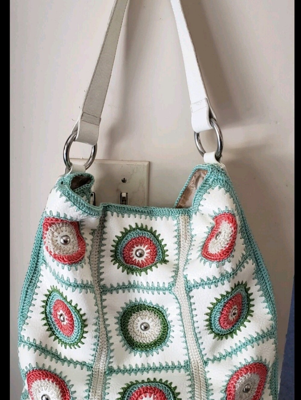 Squares Tote Large Bag-Orange Green White-Preowned